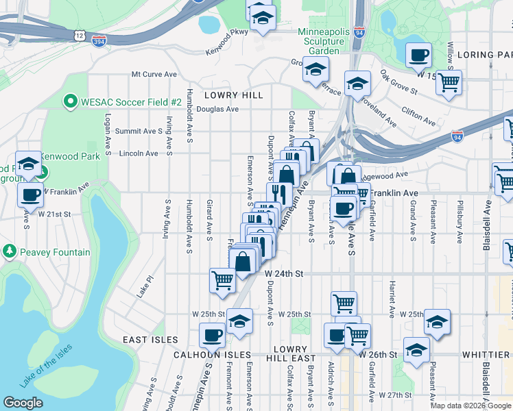 map of restaurants, bars, coffee shops, grocery stores, and more near 1117 West Franklin Avenue in Minneapolis