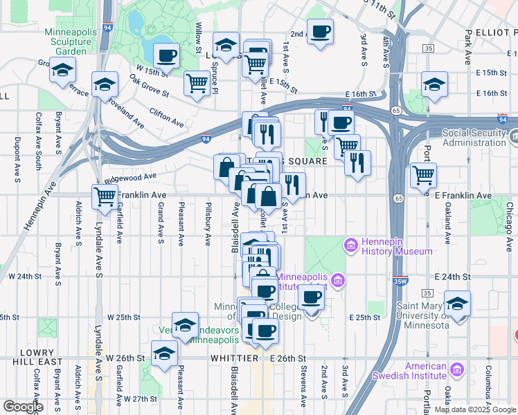 map of restaurants, bars, coffee shops, grocery stores, and more near 2012 Nicollet Avenue in Minneapolis