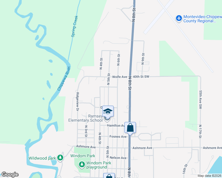 map of restaurants, bars, coffee shops, grocery stores, and more near 1434 North 5th Street in Montevideo