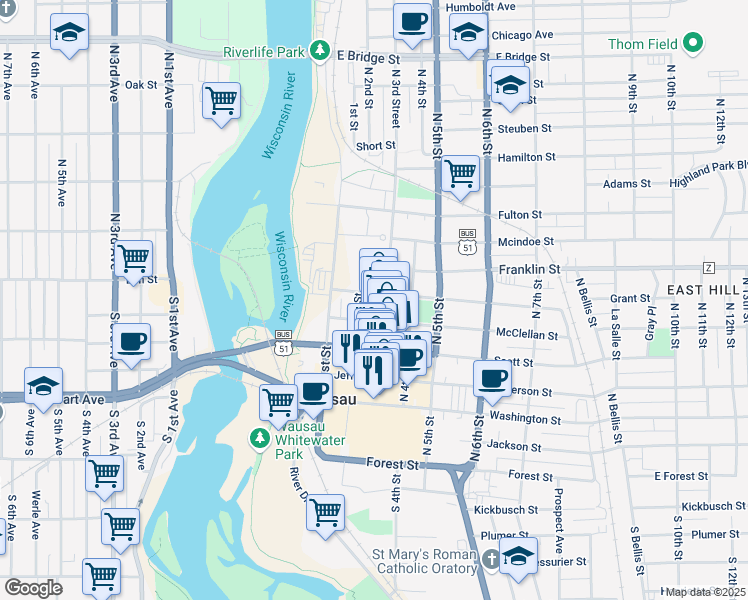 map of restaurants, bars, coffee shops, grocery stores, and more near in Wausau