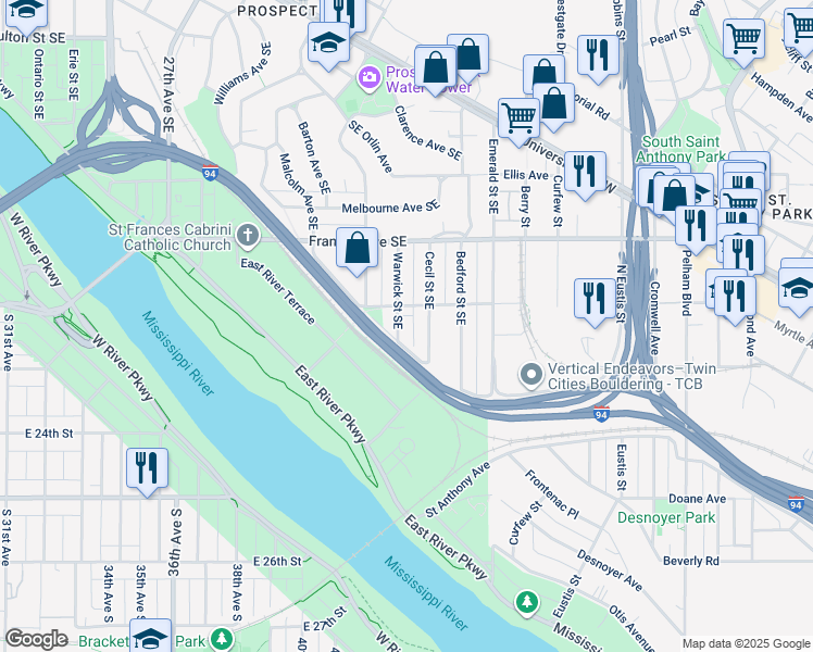 map of restaurants, bars, coffee shops, grocery stores, and more near 208 Warwick Street Southeast in Minneapolis