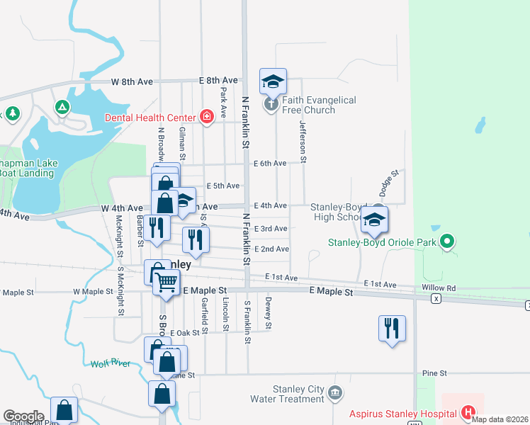 map of restaurants, bars, coffee shops, grocery stores, and more near 320 East 4th Avenue in Stanley