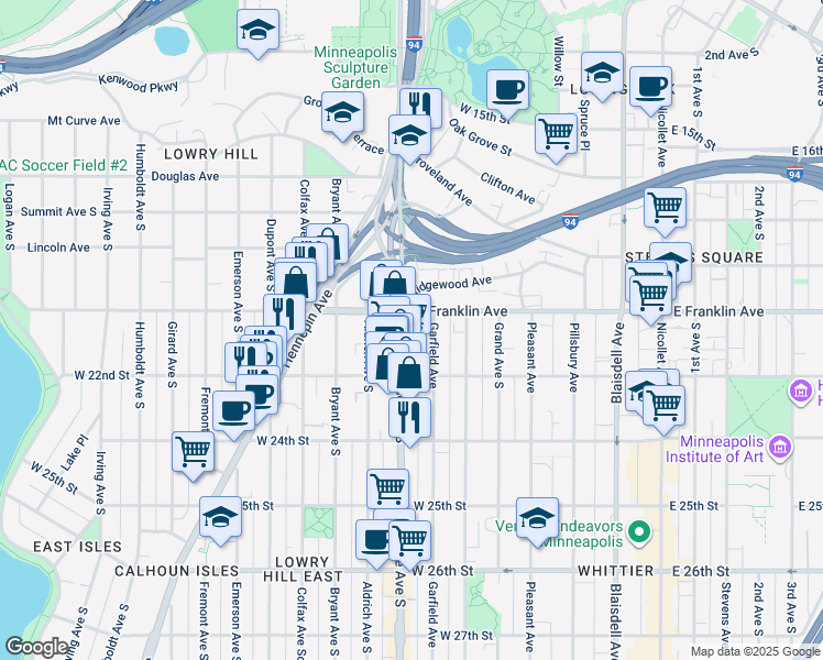 map of restaurants, bars, coffee shops, grocery stores, and more near 2015 Lyndale Avenue South in Minneapolis