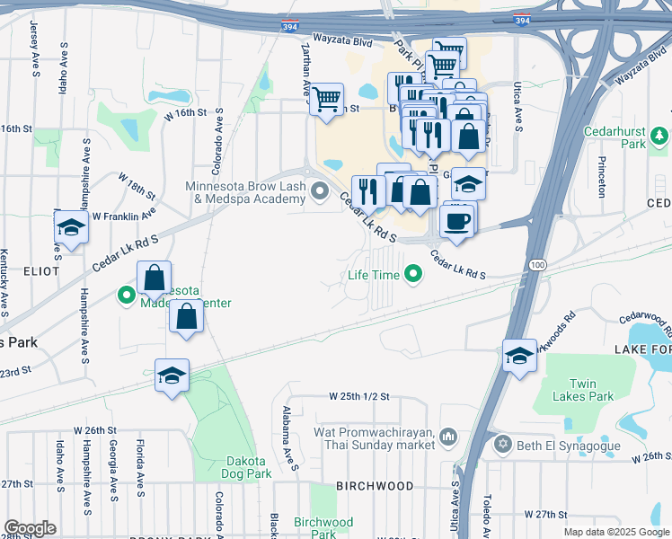 map of restaurants, bars, coffee shops, grocery stores, and more near 2100 Ridge Drive in Minneapolis