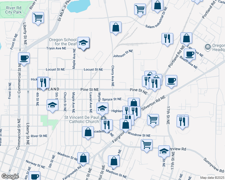 map of restaurants, bars, coffee shops, grocery stores, and more near 2515 Cherry Avenue Northeast in Salem