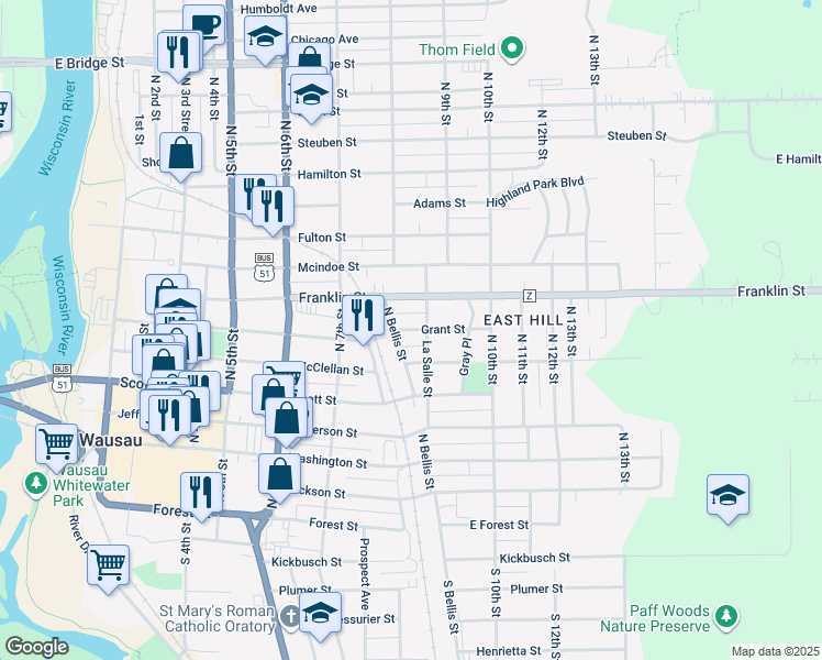 map of restaurants, bars, coffee shops, grocery stores, and more near 705 North Bellis Street in Wausau
