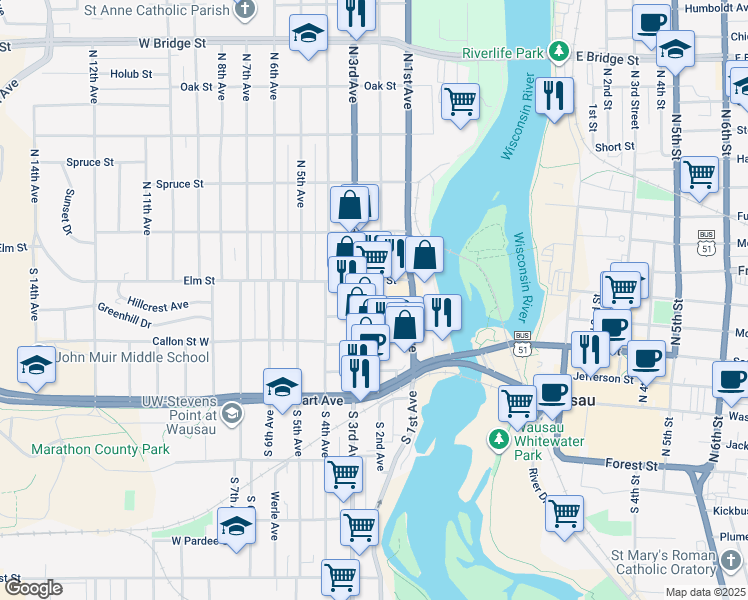 map of restaurants, bars, coffee shops, grocery stores, and more near 106 South 2nd Avenue in Wausau