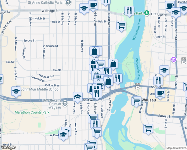 map of restaurants, bars, coffee shops, grocery stores, and more near 311 Elm Street in Wausau