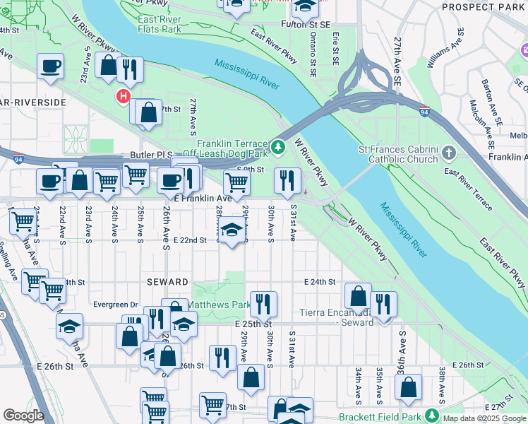 map of restaurants, bars, coffee shops, grocery stores, and more near in Minneapolis