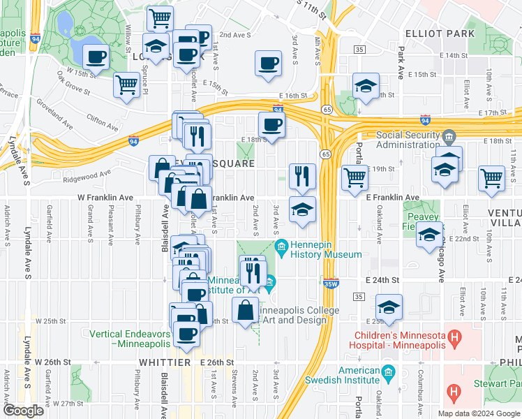 map of restaurants, bars, coffee shops, grocery stores, and more near 2000 3rd Avenue South in Minneapolis