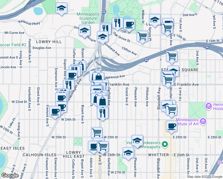 map of restaurants, bars, coffee shops, grocery stores, and more near 2005 Garfield Avenue in Minneapolis