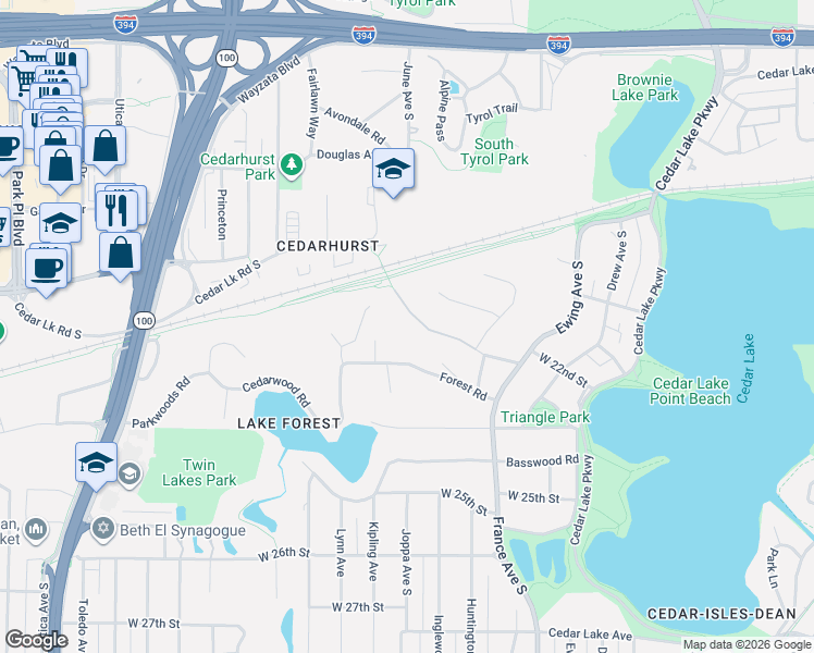 map of restaurants, bars, coffee shops, grocery stores, and more near 4311 Cedar Lake Road in Minneapolis