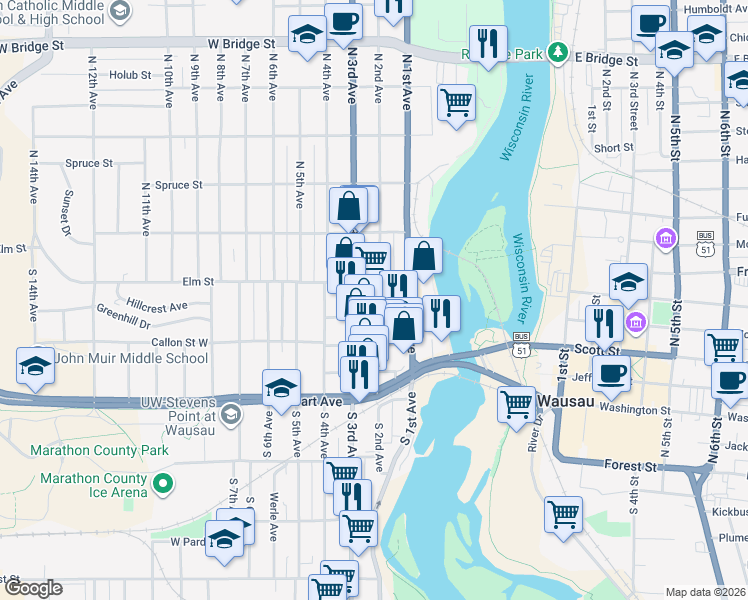 map of restaurants, bars, coffee shops, grocery stores, and more near 114 2nd Avenue South in Wausau