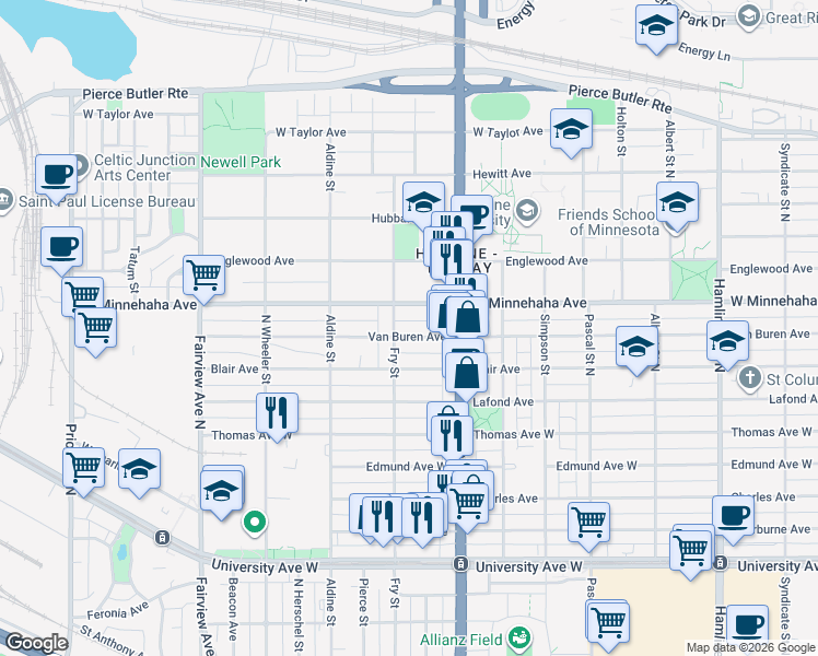 map of restaurants, bars, coffee shops, grocery stores, and more near 1636 West Minnehaha Avenue in Saint Paul