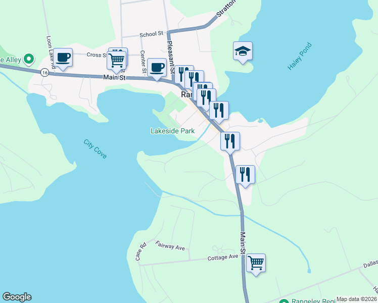map of restaurants, bars, coffee shops, grocery stores, and more near 35 Lake House Road in Rangeley