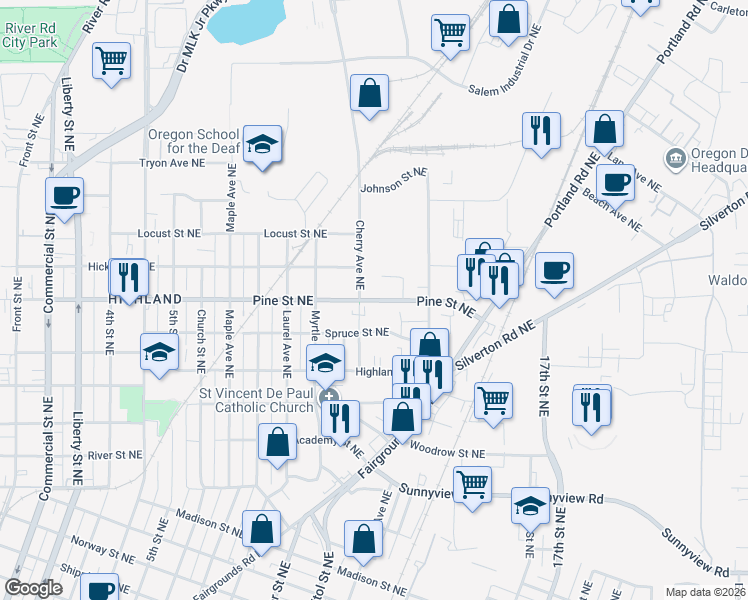 map of restaurants, bars, coffee shops, grocery stores, and more near 1106 Pine Street Northeast in Salem