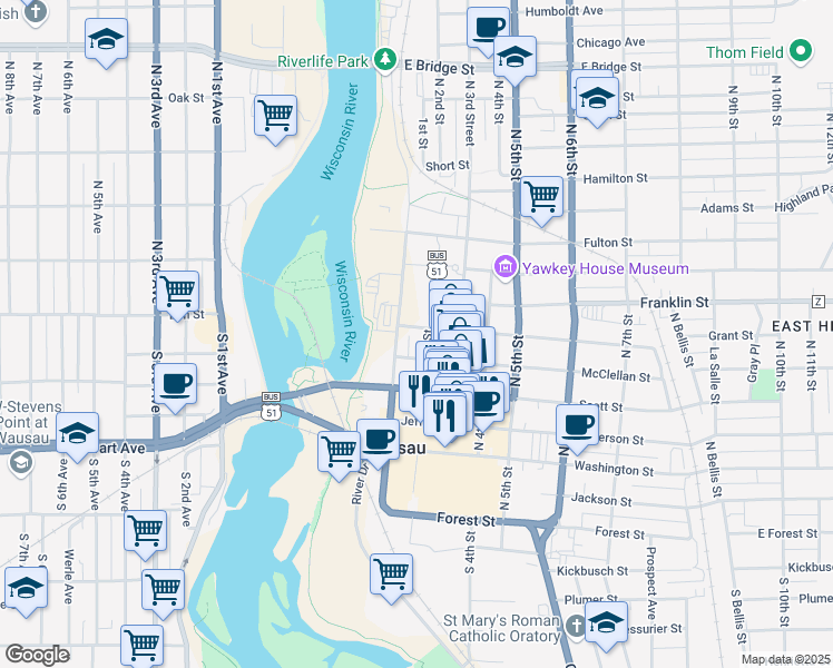 map of restaurants, bars, coffee shops, grocery stores, and more near 111 Grant Street in Wausau
