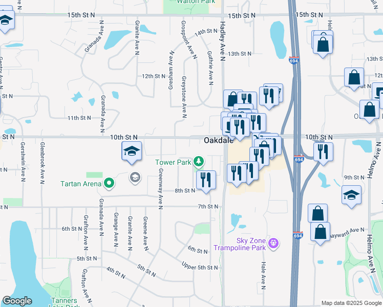 map of restaurants, bars, coffee shops, grocery stores, and more near 6858 8th Street Lane North in Saint Paul