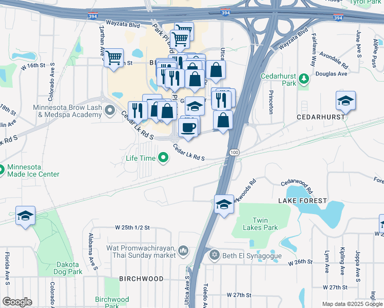 map of restaurants, bars, coffee shops, grocery stores, and more near 5330 Cedar Lake Road in Minneapolis