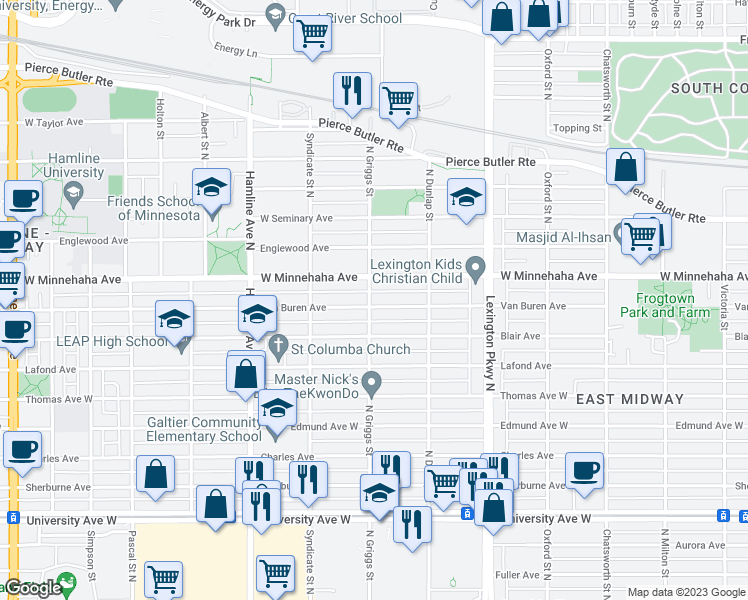 map of restaurants, bars, coffee shops, grocery stores, and more near 1217 Van Buren Avenue in Saint Paul