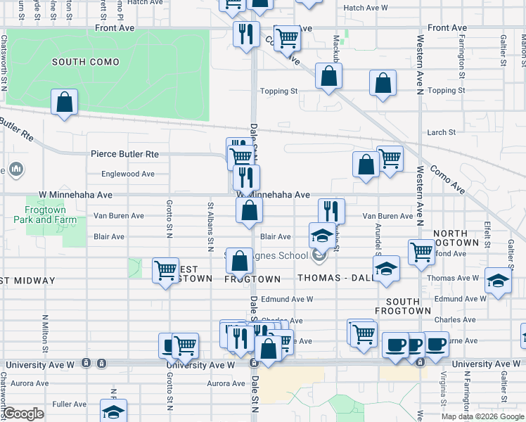 map of restaurants, bars, coffee shops, grocery stores, and more near 710 Dale Street North in Saint Paul