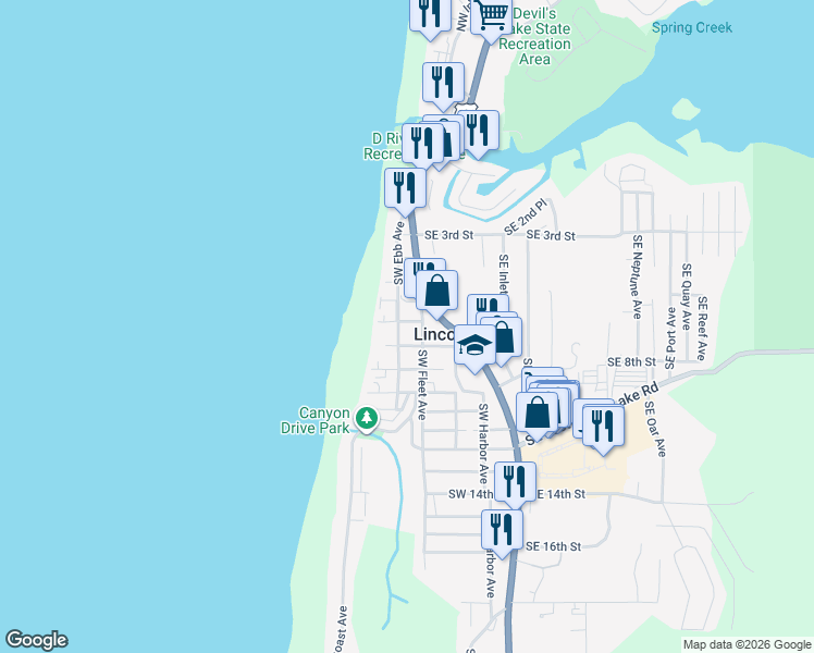 map of restaurants, bars, coffee shops, grocery stores, and more near 885 Southwest 6th Street in Lincoln City