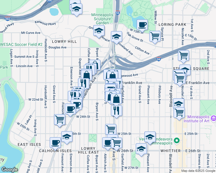 map of restaurants, bars, coffee shops, grocery stores, and more near 2000 Aldrich Avenue South in Minneapolis