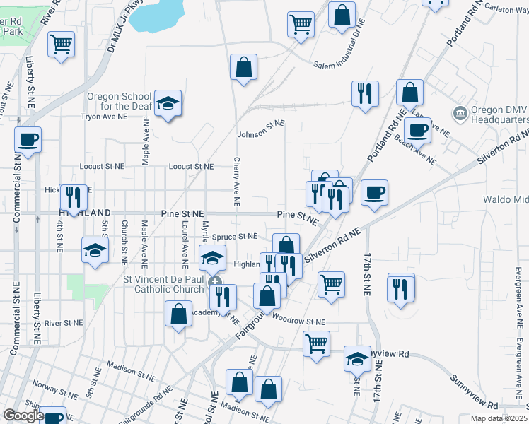 map of restaurants, bars, coffee shops, grocery stores, and more near 2705 Adell Lane Northeast in Salem