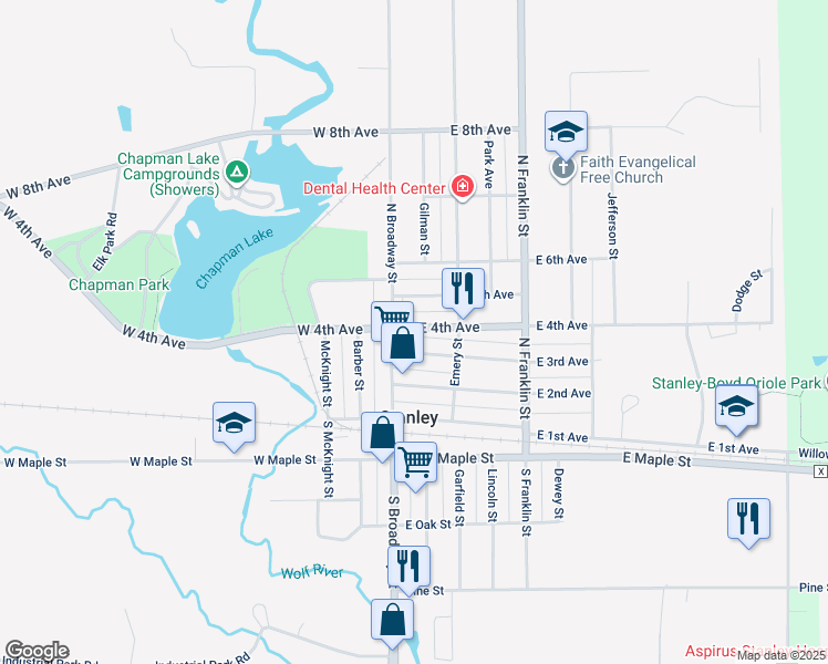 map of restaurants, bars, coffee shops, grocery stores, and more near 402 North Broadway Street in Stanley