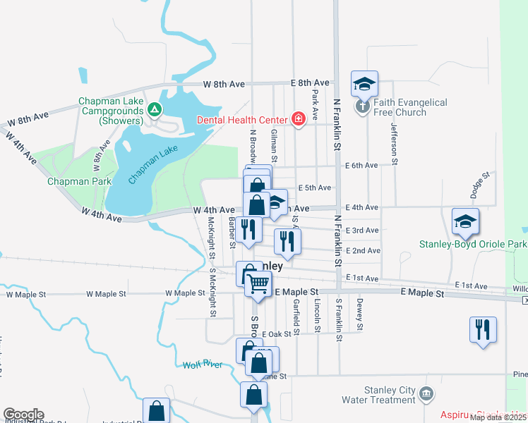 map of restaurants, bars, coffee shops, grocery stores, and more near 402 North Broadway Street in Stanley
