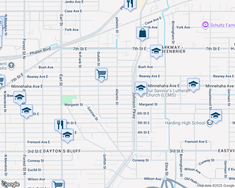 map of restaurants, bars, coffee shops, grocery stores, and more near 1239 Beech Street in Saint Paul