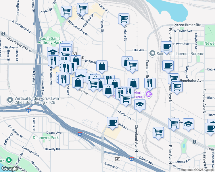 map of restaurants, bars, coffee shops, grocery stores, and more near 2233 University Avenue West in Saint Paul