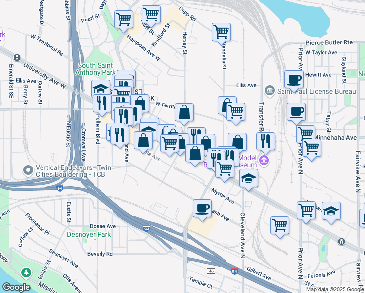 map of restaurants, bars, coffee shops, grocery stores, and more near 2233 University Avenue West in Saint Paul