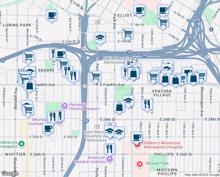 map of restaurants, bars, coffee shops, grocery stores, and more near 2002 Park Avenue in Minneapolis