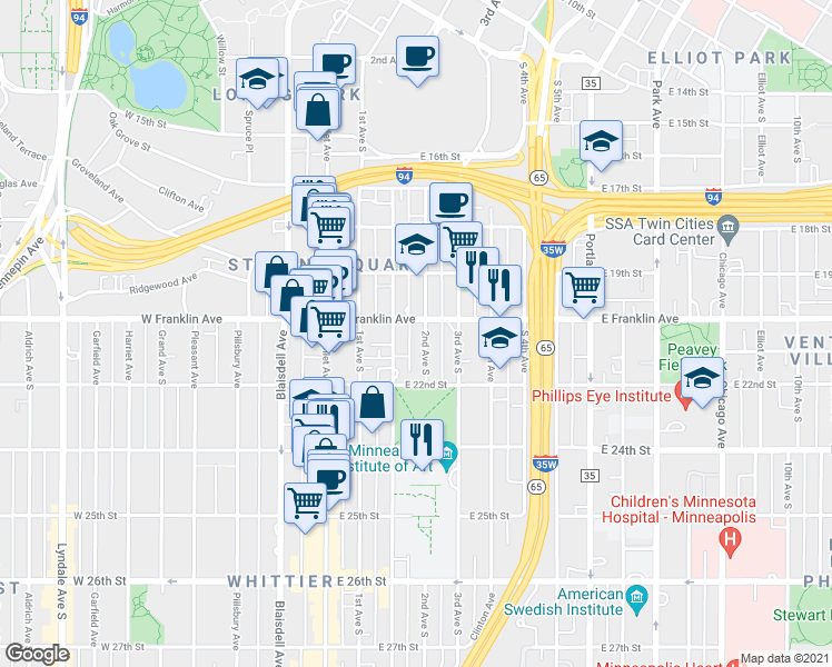 map of restaurants, bars, coffee shops, grocery stores, and more near 137 East Franklin Avenue in Minneapolis