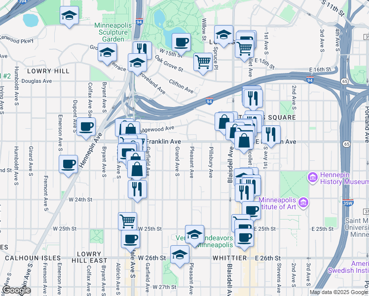 map of restaurants, bars, coffee shops, grocery stores, and more near in Minneapolis