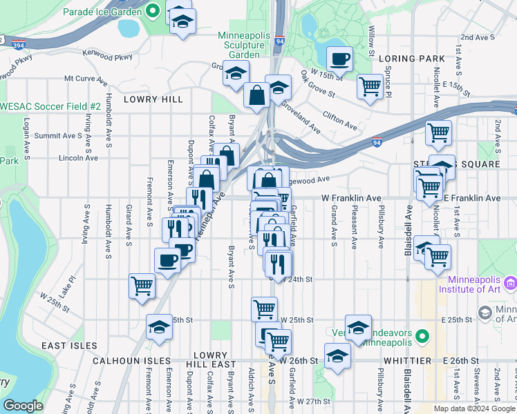 map of restaurants, bars, coffee shops, grocery stores, and more near 2000 Aldrich Avenue South in Minneapolis