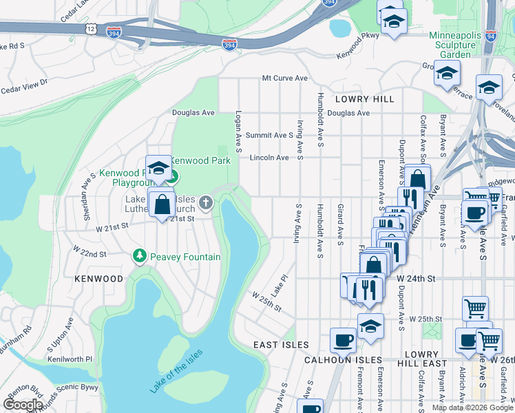 map of restaurants, bars, coffee shops, grocery stores, and more near 1705 West Franklin Avenue in Minneapolis