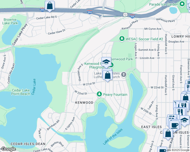 map of restaurants, bars, coffee shops, grocery stores, and more near 2001 Kenwood Parkway in Minneapolis