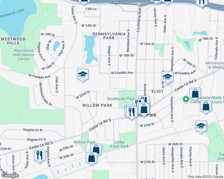 map of restaurants, bars, coffee shops, grocery stores, and more near 7500 West 22nd Street in St. Louis Park