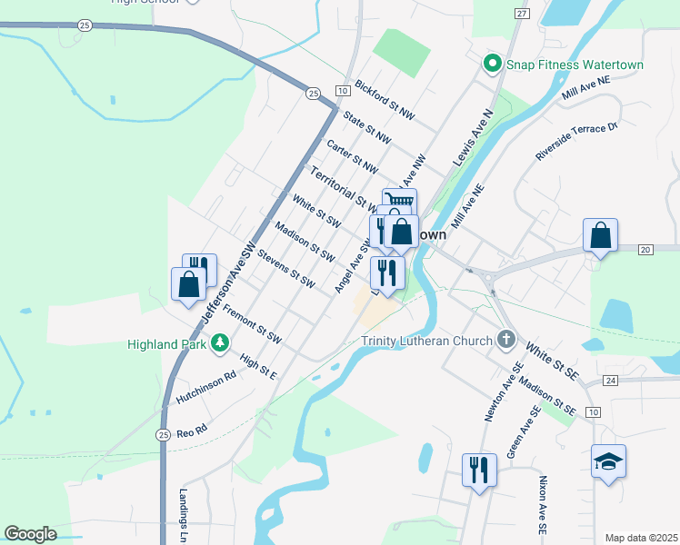 map of restaurants, bars, coffee shops, grocery stores, and more near 301 Angel Avenue Southwest in Watertown