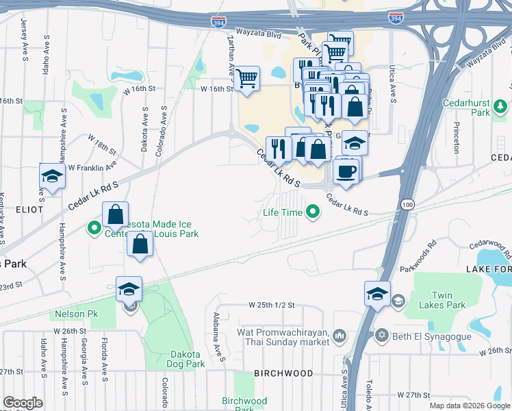 map of restaurants, bars, coffee shops, grocery stores, and more near 2100 Ridge Drive in Minneapolis