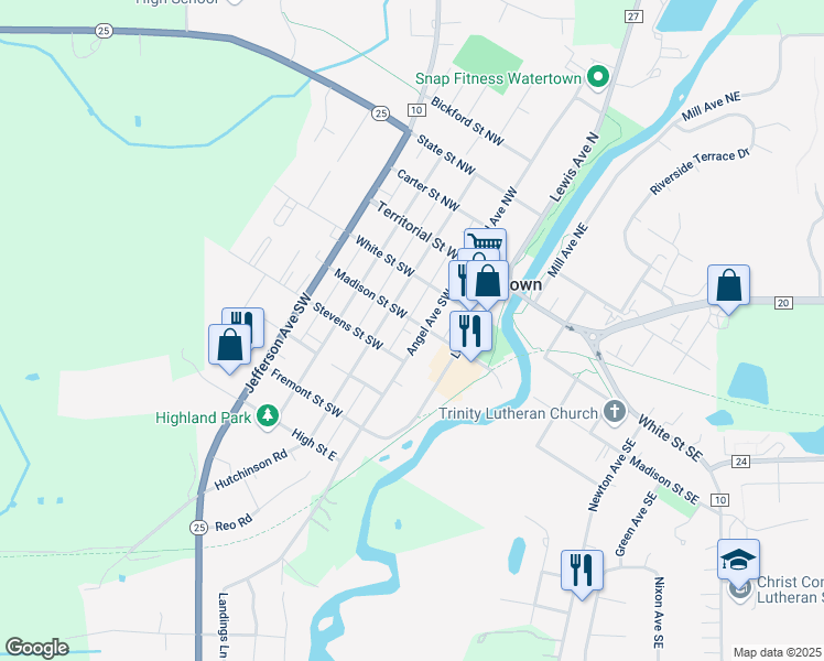 map of restaurants, bars, coffee shops, grocery stores, and more near 301 Angel Avenue Southwest in Watertown