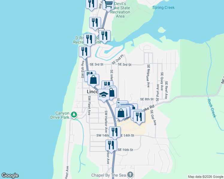 map of restaurants, bars, coffee shops, grocery stores, and more near 614 Southeast Inlet Avenue in Lincoln City