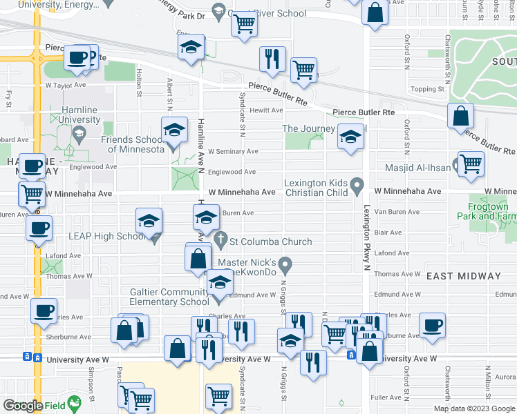 map of restaurants, bars, coffee shops, grocery stores, and more near 1259 Van Buren Avenue in Saint Paul