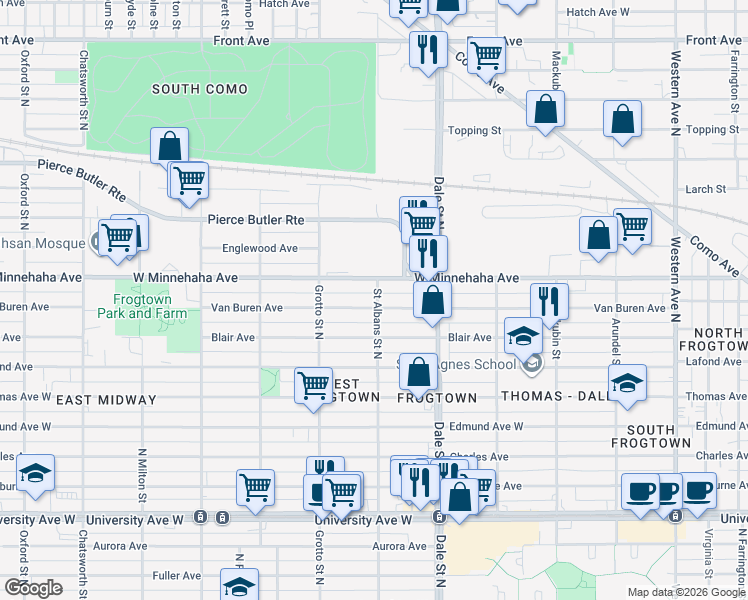 map of restaurants, bars, coffee shops, grocery stores, and more near 693 Saint Albans Street North in Saint Paul