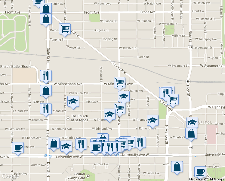 map of restaurants, bars, coffee shops, grocery stores, and more near 403 Van Buren Avenue in Saint Paul