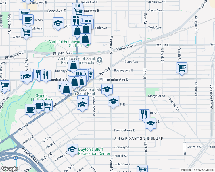map of restaurants, bars, coffee shops, grocery stores, and more near 927 Beech Street in Saint Paul