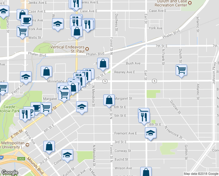 map of restaurants, bars, coffee shops, grocery stores, and more near 935 Beech Street in Saint Paul