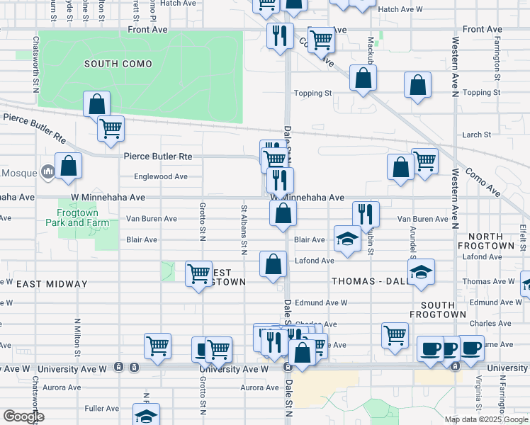 map of restaurants, bars, coffee shops, grocery stores, and more near 649 Van Buren Avenue in Saint Paul